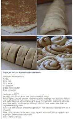 the recipe for cinnamon rolls is shown in three different pictures, including one with rolled up dough