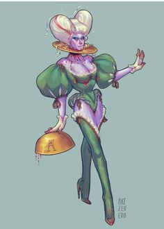 a drawing of a woman dressed in green and purple holding a gold bell with her right hand