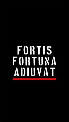 the text fortis fortuna adjuat on a black background with red and white stripes