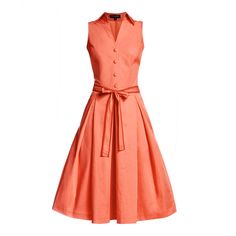 This dress in a vivid coral hue is cut from structured stretch cotton with lux satin finish. Cut to flatter, this feminine design has a tailored bodice with flattering nipped-in waist and full pleats for added volume in the skirt. Complete the summer outfit with a pair of sandals and a clutch. Coral stretch satin cotton. Button fastenings along front. Detachable belt. Slit pocket Composition: 97% Cotton, 3% Elastane Care: Dry clean Cotton Summer Dresses, Red Pleated Dress, Red Flare Dress, Pleated Satin Dress, Red Satin Dress, Wool Knitted Dress, Summer Day Dresses, Red Summer Dresses, Structured Dress