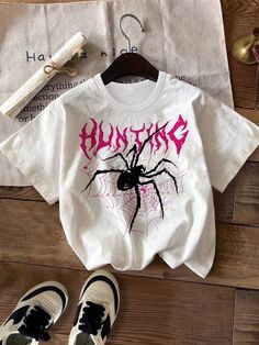 Tween Girls' Spider Graphic Short Sleeve Casual T-Shirt, Summer White Casual  Short Sleeve Fabric Animal,Figure,Letter  Medium Stretch  Tween Girls Clothing, size features are:Bust: ,Length: ,Sleeve Length: Spider Graphic, Girls T Shirts, Fabric Animals, Casual T Shirt, Casual Girl, White Casual, Bra Women, Girl Top, Girls Clothing