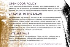 an open door policy for children in the salon is posted on a white and gold background