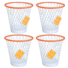 four white plastic trash cans with orange rims and tags attached to them, all in different shapes and sizes