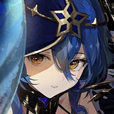 an anime character with blue hair and gold eyes wearing a star - shaped headdress