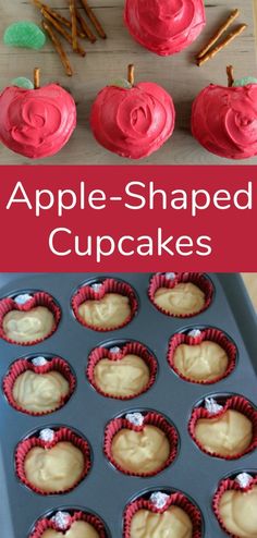 apple shaped cupcakes with pink frosting and cinnamon sticks in the middle on a baking tray