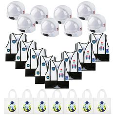 a bunch of white hard hats and bags with different designs on the front, side, and back