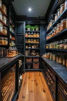 the pantry is stocked with many different types of food