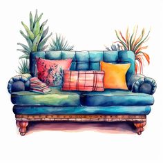 a watercolor painting of a couch with pillows and plants on the armrests