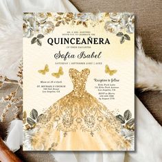 the quinceeanera bridal shower is shown on top of some feathers and flowers