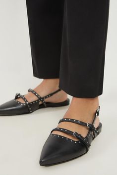 Elevate any look in our leather flats. Boasting a sleek, pointed toe, strappy detailing, and subtle studded accents, our slingback sandals bring a touch of glamour to any look. Wear them with jeans and a T-shirt, then with tailored pieces or a dress to experience the all-round transformativeness. Leather Double Buckle Strap Studded Slingback Pointed Flats High Quality, Supple Leather Flattering Pointed Toe Metallic Stud Detailing Secure, Strappy Design Ultra Flat Soles Metallic Buckle Fastening Work Outfits Business Casual, Business Casual For Women, Hen Do Outfits, Petite Wedding Guest Dresses, Casual Work Pants, Two Piece Set Pants, Spring Wedding Guest Dress, Knit Skater Dress, Faux Leather Pencil Skirt