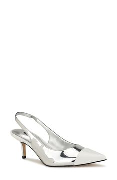 A pointy cap toe and tapered heel balance a contemporary pump fashioned with an elasticized slingback strap for a secure fit. 2 1/4" heel Elasticized slingback strap Synthetic upper, lining and sole Imported Nordstrom Store, Anniversary Sale, Women's Pumps, Nine West, Nordstrom, Pumps, Heels, Silver