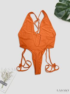 Lasaky - Womens Solid Color Deep V-Neck Criss Cross One Piece Swimsuit – Stylish High Cut Bathing Suit for Beach or Pool – Stretchy, Sexy, and Fashionable Swimwear and Clothing Casual Halter Neck Bodysuit For Vacation, Stretch Low-cut Bodysuit For Beach, Low-cut Beach Bodysuit For Summer, Low-cut Bodysuit For Beach In Summer, Sleeveless Orange Bodysuit For Vacation, Orange V-neck Bodysuit For Summer, Summer Orange V-neck Bodysuit, Summer T-back Bodysuit In Solid Color, Solid T-back Bodysuit For Summer