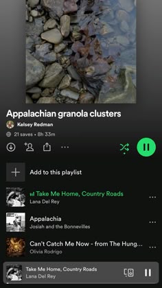 the app is showing an image of rocks in water and text that reads, appalachian granola clusters