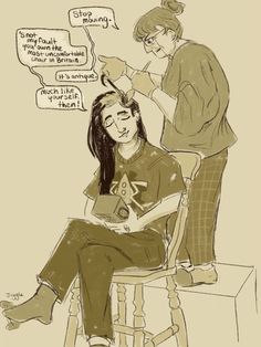 a drawing of a woman getting her hair cut by a man in a chair with an open mouth