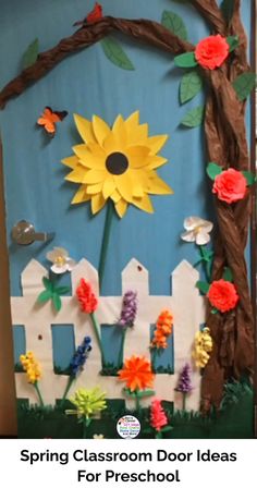 a classroom door decorated with paper flowers and butterflies, the words spring classroom door ideas for preschool