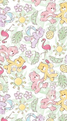 a bunch of teddy bears and flamingos on a white background with green, pink, yellow and blue leaves