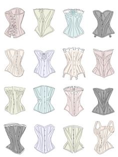 several different colored corsets on a white background