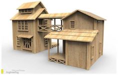 two wooden dolls houses with windows and balconies on the roof, one is made out of wood