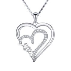 PRICES MAY VARY. This mom necklace is a great idea to surprise your mum when Birthday, Mothers Day, Anniversary celebration for Mom, Mother, and mother-in-law. Pendant Size: 23.2*23.5mm, a great "MOM" is Surrounded by two hearts. This mother daughter necklace comes with an adjustable chain 18"+2". You can freely adjust the length according to your neck and clothes. Material: Solid 925 Sterling Silver made, Hypoallergenic, Nickel-free, you may rest assured that they won’t irritate your skin or ca Mother's Day Birthday Birthstone Heart Necklace, Mother's Day Birthstone Heart Necklace For Birthday, Mother's Day Heart Necklace With Birthstone For Birthday, Birthstone Heart Necklace For Birthday And Mother's Day, Silver Heart Necklace With Hallmark For Birthday, Personalized White Gold Heart Necklace For Mother's Day, Elegant Heart Necklace For Birthday And Mother's Day, Silver Open Heart Necklace For Birthday, Silver Open Heart Necklace For Birthday Gift