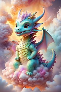 a blue dragon sitting on top of a cloud filled with pink and yellow clouds in the sky