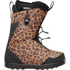 the snowboard boots have leopard print on them