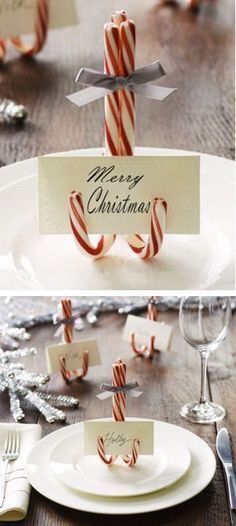 a table set for christmas with candy canes and place cards