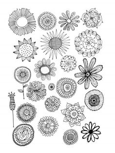 a bunch of flowers that are drawn in black and white