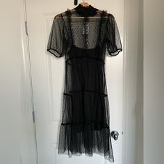 H&M Nwt Black High Neck Sheer Swiss Dot Midi Dress Size M Brand New With Tags H&m Black Midi Dress For Party, H&m Black Midi Dress For Night Out, H&m Black Midi Dress, Elegant Boho Dress, H&m Black V-neck Mini Dress, Black Long Sleeve Midi Dress By H&m, Blue Jean Dress, Summer Cocktail Dress, Sleeveless Shirt Dress