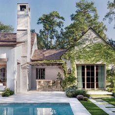 a house with a pool in front of it