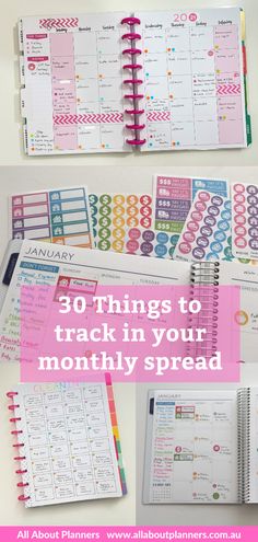 an open planner with the words 30 things to track in your month - by - month spread