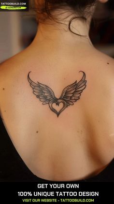 the back of a woman's shoulder with an angel heart tattoo on her chest