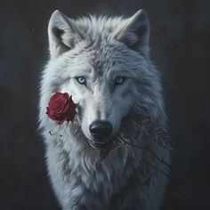 a white wolf with blue eyes holding a red rose