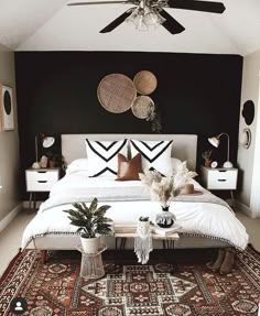 A black bedroom wall interior with tribal decor influence with woven wall decor and plants. #blackinteriordesign #blackwallbedroom #tribalbedroomdecor #wovenwalldecor #wovenwalldecorbedroom Black Walls Bedroom, Wall Interior, Black Bedroom, Living Room On A Budget, Simple Bedroom, Master Bedrooms Decor, Remodel Bedroom, Home Design Decor, Black Walls