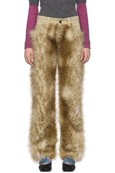 SSENSE Exclusive Beige Faux-Fur Jeans by Paula Canovas Del Vas on Sale Fur Pants, Trousers For Girls, Contrast Stitch, Stretch Denim, Patch Logo, Denim Jeans, Faux Fur, Women Wear, Trousers