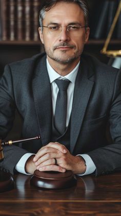 a man in a suit sitting at a desk with his hands on the judge's gavel