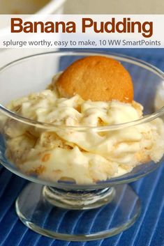 banana pudding in a glass bowl on top of a blue tablecloth with text overlay