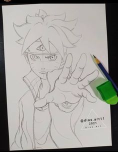 a drawing of an anime character holding his hand up