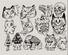 a bunch of cats that are drawn in black and white with different designs on them