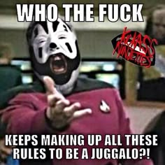 a man wearing a mask and pointing to the side with words written on it that read who the f k keep making up all these rules to be juggling?