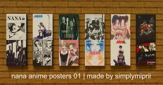 some anime posters are hanging on the wall in front of a wood paneled wall