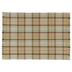 a brown and white plaid rug with fringes on the bottom, in various colors