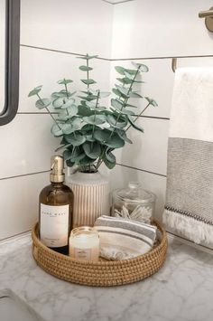 a bathroom sink with soap, lotion and plants in it