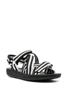 Casual Sandals With Logo Strap For Spring, Casual Black Sandals With Logo Strap, Black Textile Sandals With Round Toe, Black Sport Sandals With Logo Strap For Summer, Black Textile Round Toe Sandals, Casual Striped Open Toe Sandals, Striped Open Toe Casual Sandals, Black Textile Sandals For The Beach, Sporty Black Synthetic Sandals