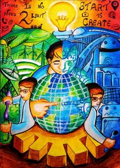 a painting with people around the world holding up a globe and pointing it at something in front of them