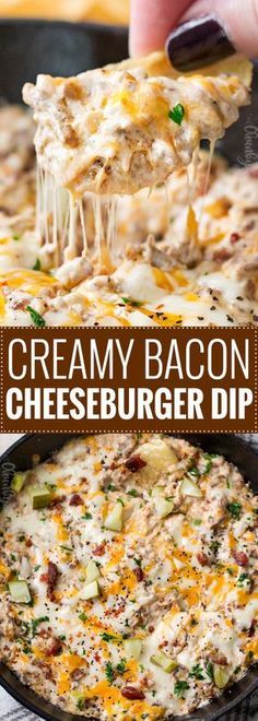 a cheesy bacon cheeseburger dip is being lifted from a skillet