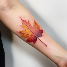 a leaf tattoo on the arm with red, orange and yellow leaves painted on it