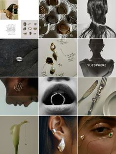 a series of photographs with different types of jewelry and accessories on it's sides