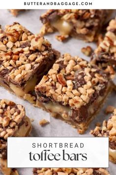 shortbread toffe bars with nuts on top and the words, shortbread toffe bars