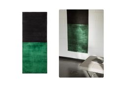 two photographs of green and black rugs in a room with white walls on the right