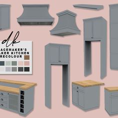 an assortment of kitchen cabinets and counter tops in various styles, sizes and colors on a pink background